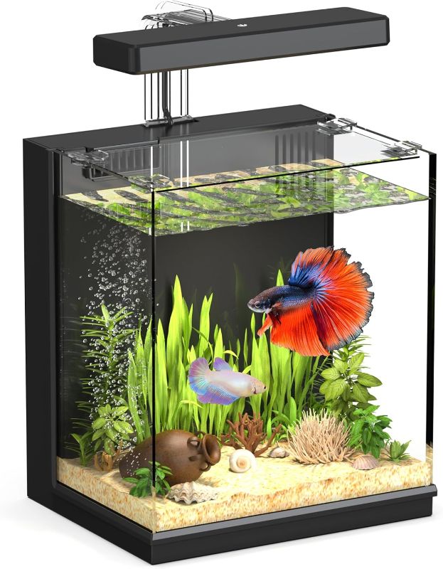 Photo 1 of Beta Fish Tank, 2 Gallon Betta Fish Aquariums with Filter & Light, Self Cleaning Fish Tanks for Kids & Starter, Black
