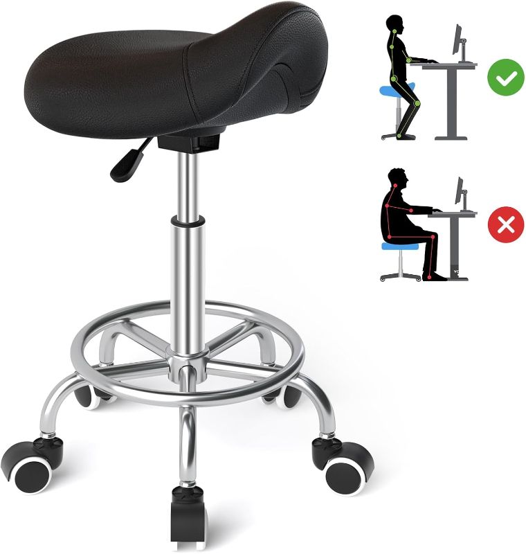 Photo 1 of YEEZEE Saddle Stool Ergonomic- Comfortable Rolling Saddle Stool with Wide Thick Saddle Seat Padding, Swivel Adjustable Saddle Chair with Wheels and Ring Pedal for Medical Massage Salon (Dark Black)
