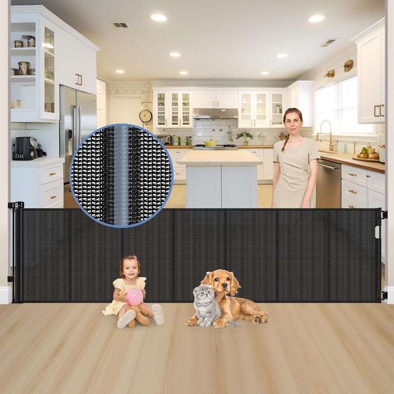 Photo 1 of Reinforced 120 Inch Extra Long Retractable Dog Gates for Doorways Extra Wide Pet Gate Indoor 10 Ft Retractable Baby Gates for Dogs 33 Inch Tall Mesh Baby Gate Long with Reinforced Strips, Black
