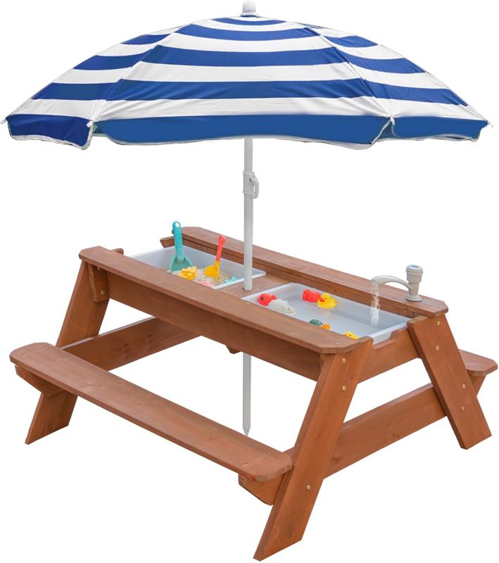 Photo 1 of Kids 3-in-1 Sand & Water Table, Wood Outdoor Convertible Picnic Table w/Umbrella, 2 Trays, Removable Top with Faucet, Picnic Table for Outdoor (Brown/Navy)
