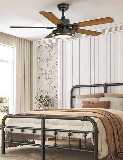 Photo 1 of warmiplanet Indoor Ceiling Fans with Lights and Remote Control, 52 Inch, 6 Speeds Reversible DC Motor, 3 Color Dimmable Light, Timer, Noiseless, Black/Dark Walnut, 5-Blades