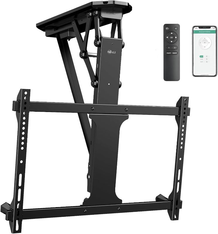 Photo 1 of WALI Motorized Ceiling TV Mount with Remote, Electric Flip Down TV Bracket for 32 to 70 inch Flat and Curved Screen Up to 77 Lbs, Pitched Roof, Max Mounting Holes 600x400mm (FCM604), Black
