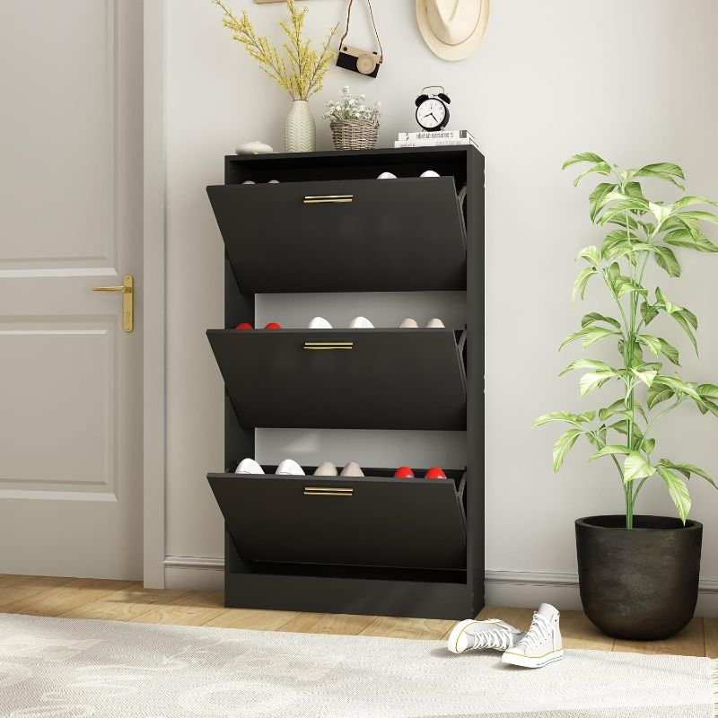 Photo 1 of Shoe Cabinet for Entryway Slim, Narrow Shoe Storage Cabinet with 3 Flip Drawers, Wood Hidden Shoe Storage, Freestanding Shoe Organizer Cabinet for Hallway, Bedroom, Apartment, Black
