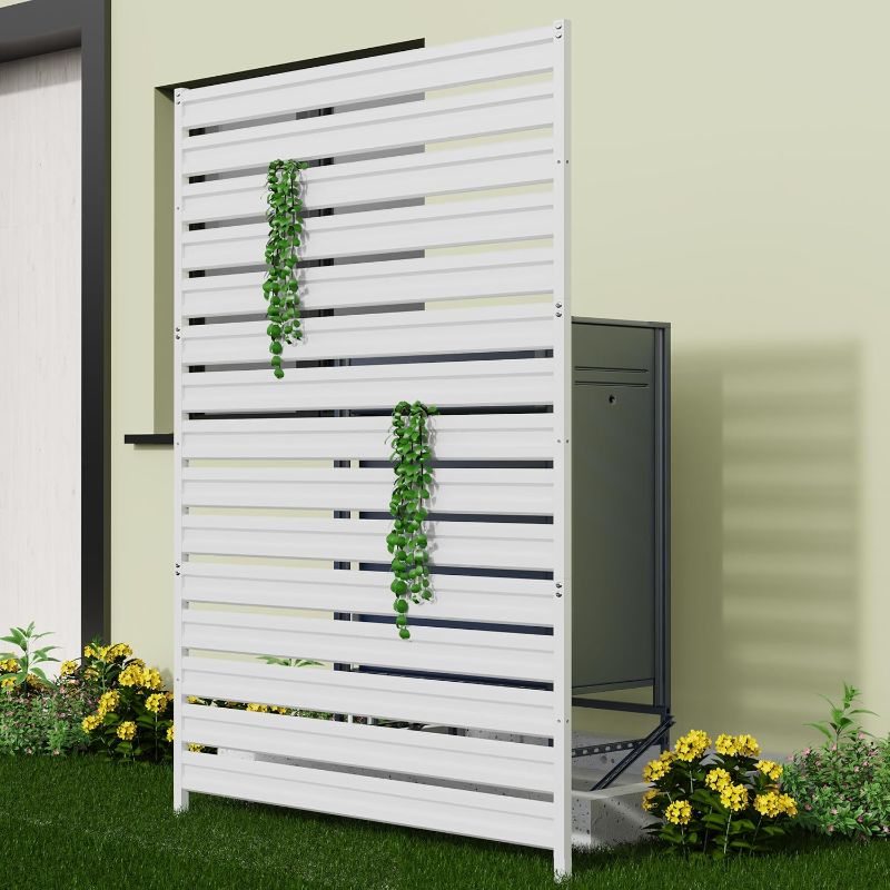Photo 1 of Metal Privacy Fence Panels for Outside, 63in H x 38in W Air Conditioner Fences, Pool Equipment Enclosure Trash Can Fence, No Dig Privacy Screen Fencing for Outdoor, White
