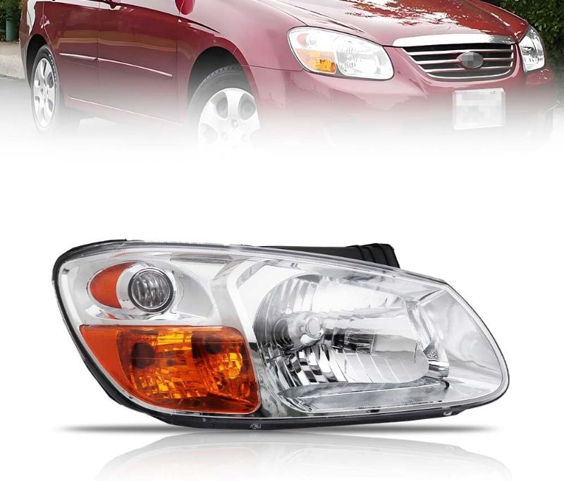 Photo 1 of Right Headlight Assembly for 2007 2008 2009 Ki-a Spectra, Passenger Side Halogen Headlamp with Bulbs Clear Lens Black Housing Amber Reflector, 1 PC, Replace# 921012F530
