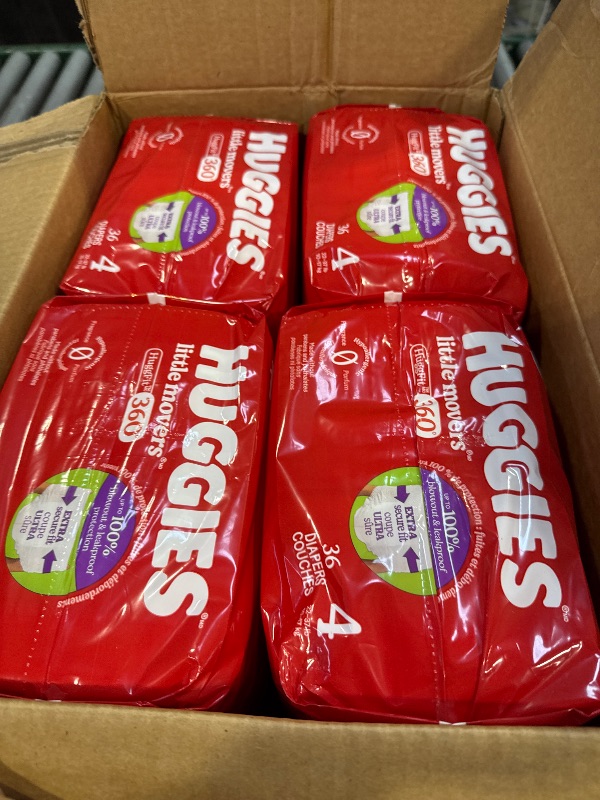 Photo 1 of Huggies Size 4 Baby Diapers, Little Movers HuggFit 360° Baby Diapers with 360° Waistband, Size 4 (22-37 lbs), 144 Count (4 Packs of 36), Packaging May Vary