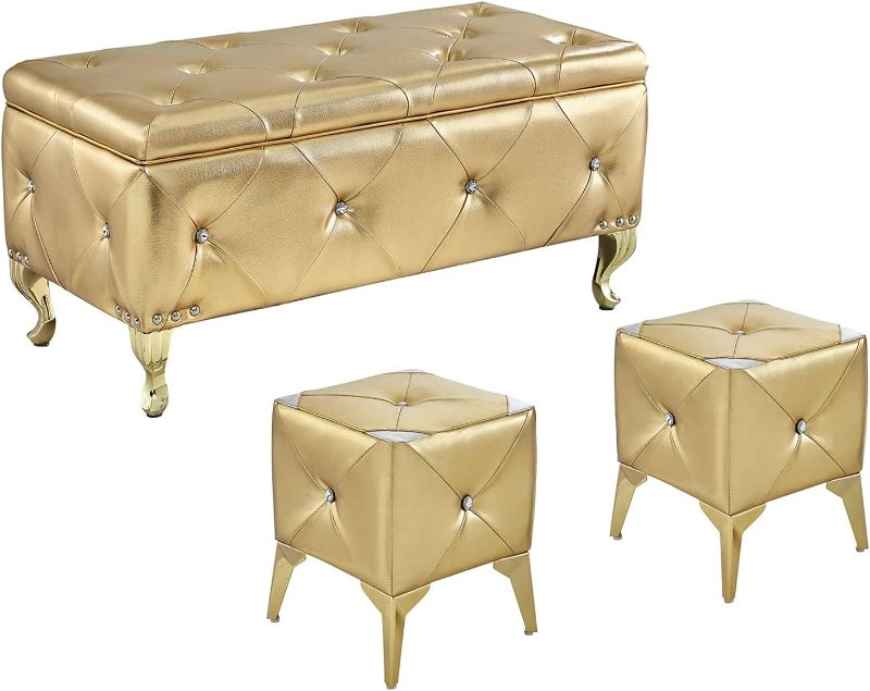 Photo 1 of DRM'SCUUM Faux Leather Large Storage Ottoman Bench Set Foot Rest Stools for Living Room Bedroom with 2pcs Ottomans Upholstered, Gold