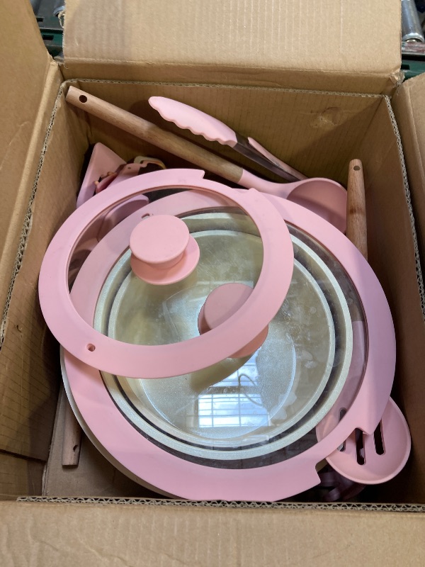 Photo 1 of Astercook Pots and Pans Non Stick Ceramic Cookware Set, Detachable Handles, RV Kitchen Cooking Set, Oven Safe, Induction Ready, Stackable, Pink