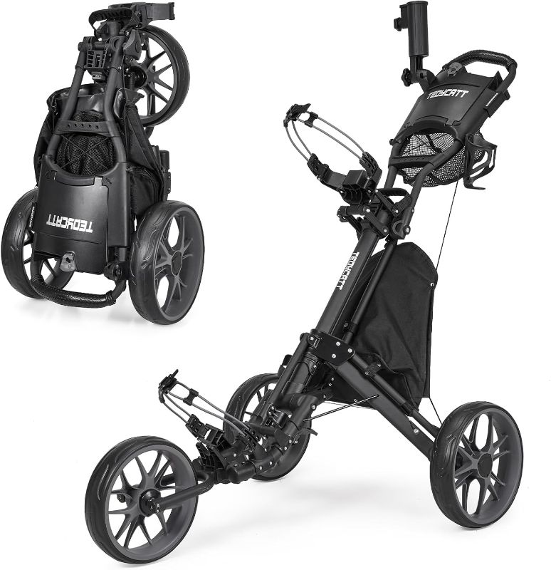 Photo 1 of 4 Wheel Golf Push Cart: Lightweight Compact Folding Golf Trolley, Pull Behind Manual Golf Caddy with Cup, Phone & Umbrella H