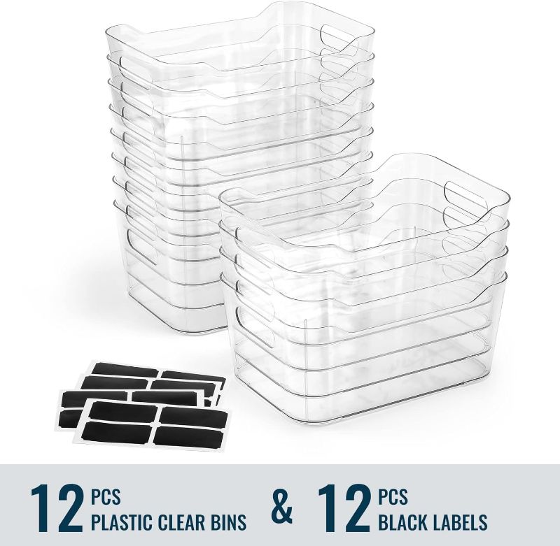 Photo 1 of 12 PACK Multi-Use Clear Plastic Storage Bins for Organizing w/ Labels - Home, Kitchen, Bathroom, Office, Pantry Cabinet Shelf Organizer Bins
