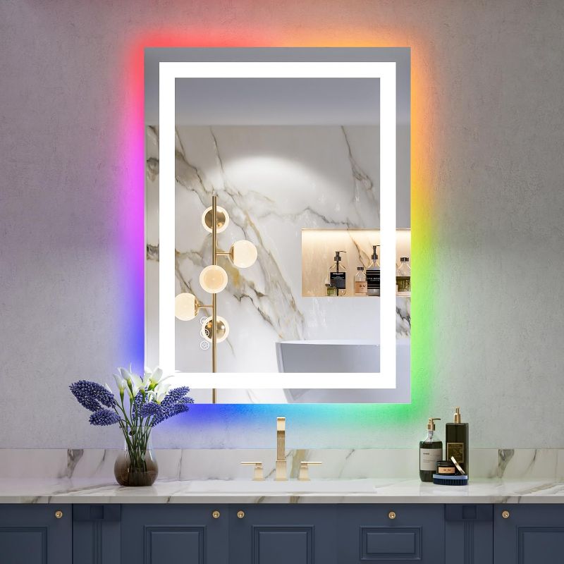 Photo 1 of 24x36 Inch RGB LED Bathroom Mirror Front Light and RGB Backlit Lighted Vanity Mirror for Bathroom Wall Mounted Dimmable Anti Fog Memory Shatter-Proof IP54 Waterproof Horizontal/Vertical