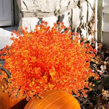 Photo 1 of 12 Bundles Artificial Fall Flowers for Outdoors, No Fade Faux Autumn Plants, UV Resistant for Thanksgiving Days, Home Décor (Orange Red)