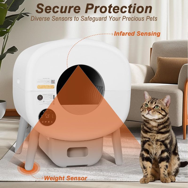 Photo 1 of Self Cleaning Litter Box, 95 L Automatic Cat Litter Box Self Cleaning for Multiple Cats, with Safety Protection, App Control,1 Roll Garbage Bags,White & Grey