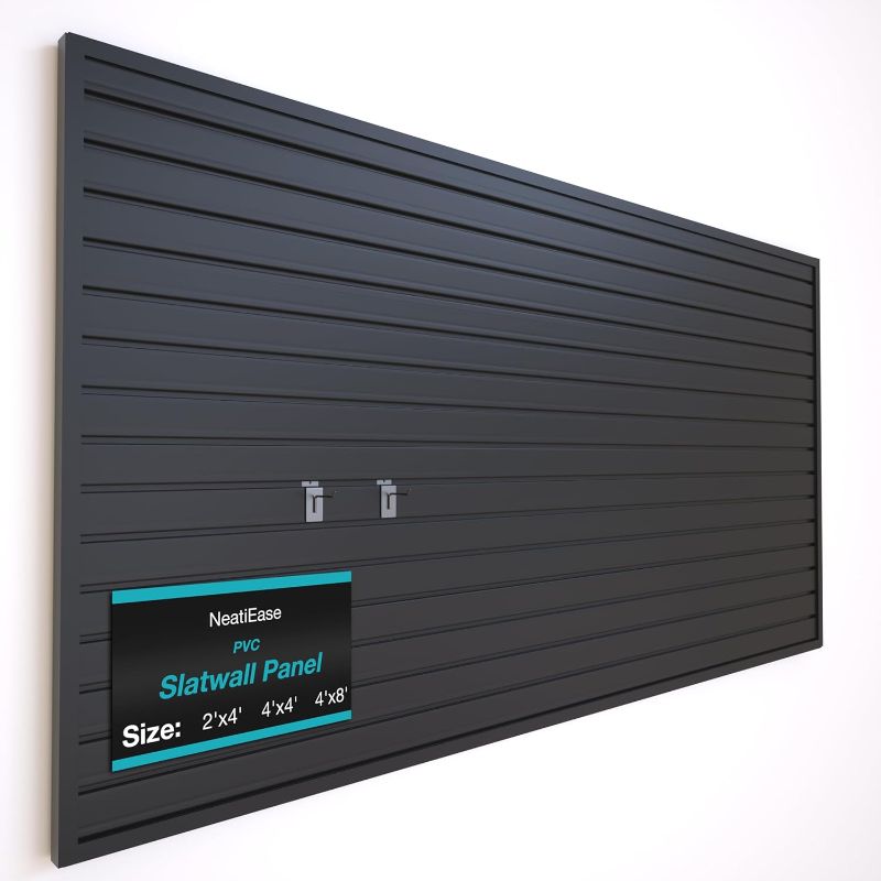 Photo 1 of NeatiEase Slatwall Panel Wall Storage Systems, 4 x 8ft Slat Wall Paneling Garage Wall Organizer, Heavy Duty Wall Mounted PVC Wall Rack (Black)