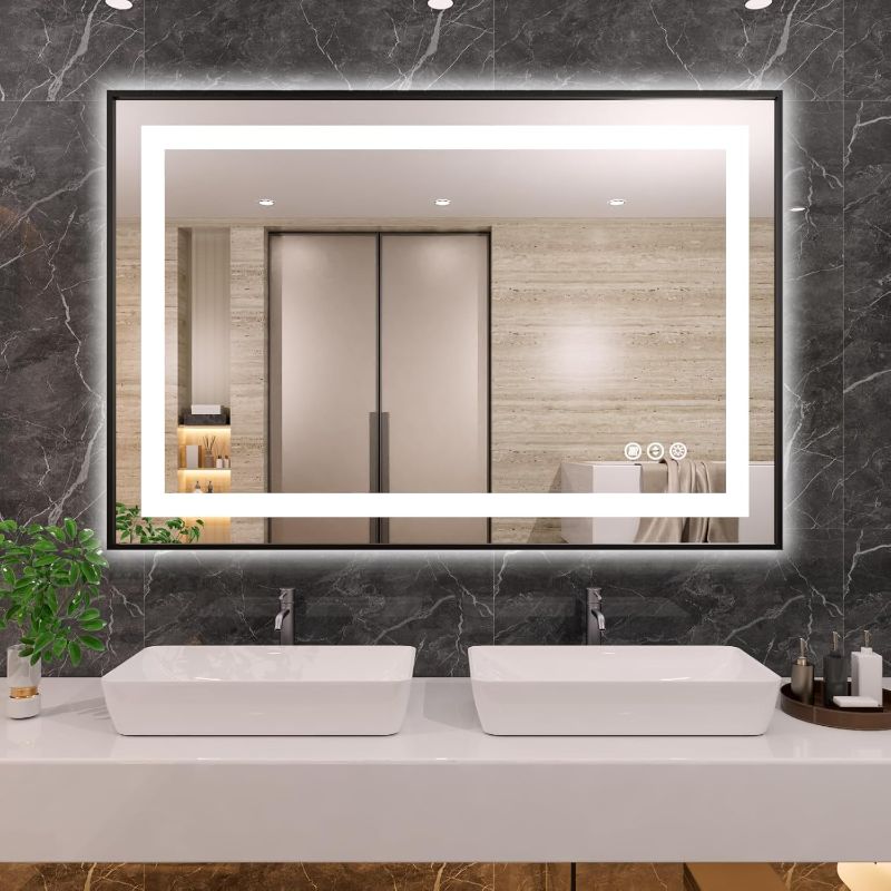 Photo 1 of Amorho 44"X36" LED Bathroom Mirror with Black Frame, Front Light and Backlit, Stepless Dimmable, Anti-Fog, Shatter-Proof, Memory, 3 Colors, Double LED Vanity Mirror
