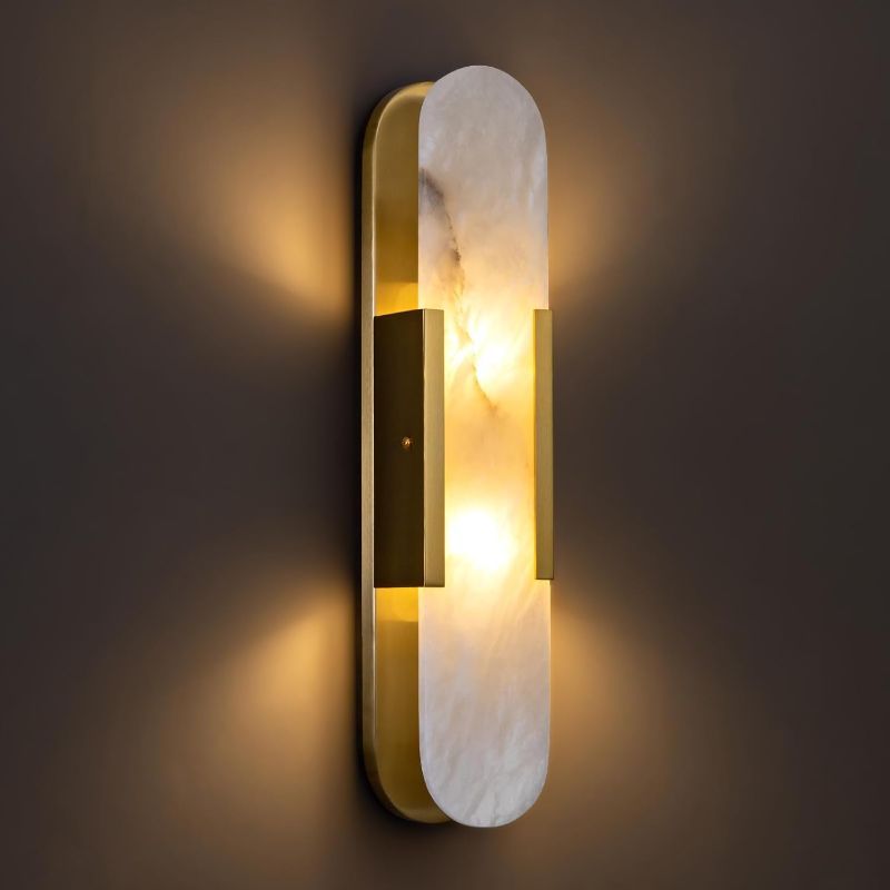 Photo 1 of 19.7in Natural Alabaster Wall Sconce, Modern Marble Wall Lamp, 7W G4 Warm Light Bedside Wall Light, Indoor Wall Lighting for Bedroom, Dining Room, Living