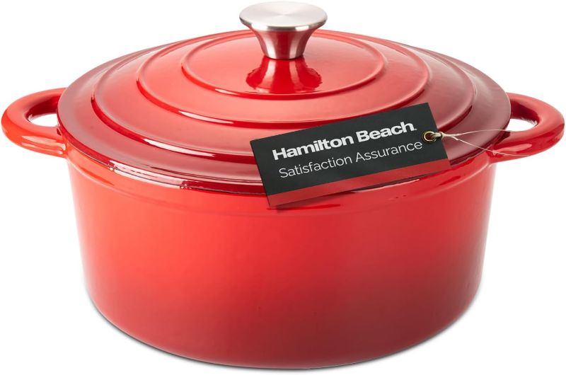 Photo 1 of Hamilton Beach Enameled Cast Iron Dutch Oven 5.5-Quart Red, Cream Enamel Dutch 