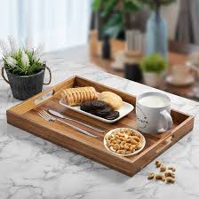 Photo 1 of 17 Inch Acacia Wood Serving Tray with Handles - Large Wooden Tray for Ottoman, Breakfast in Bed, Dinner, Coffee Table - Decorative Rectangular Tray for Living Room Bedroom Entryway and Kitchen