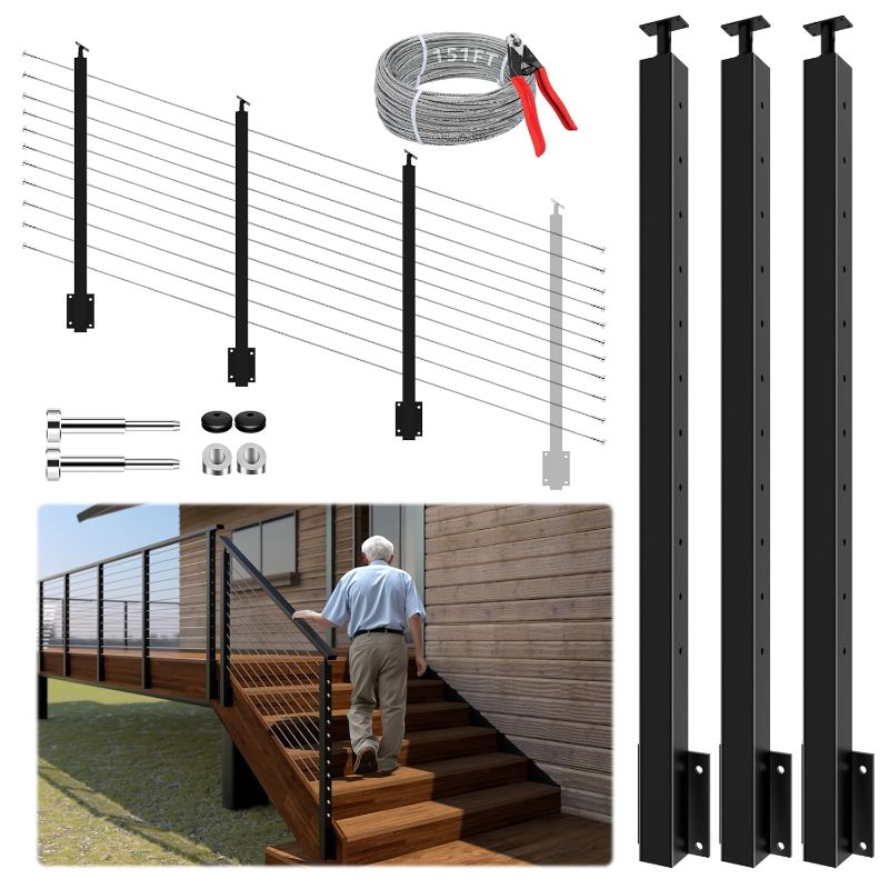 Photo 1 of 3 Pack One-Stop Side Mount Stair Cable Railing Post Kits 44" for 36"/42" Railing System, Left Side Stair Post Kit Include 3 Pack Stair Posts, 151ft Cable, 22 Cable Tensioner, 22 Angle Washers
