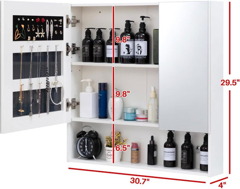 Photo 1 of ALIMORDEN Mirror Medicine Cabinet with Shelves, Bathroom Wall Storage Cabinet, 30 Inch x 28 Inch, Over The Vanity, Toilet (No Back Board), White with Wood Grain
