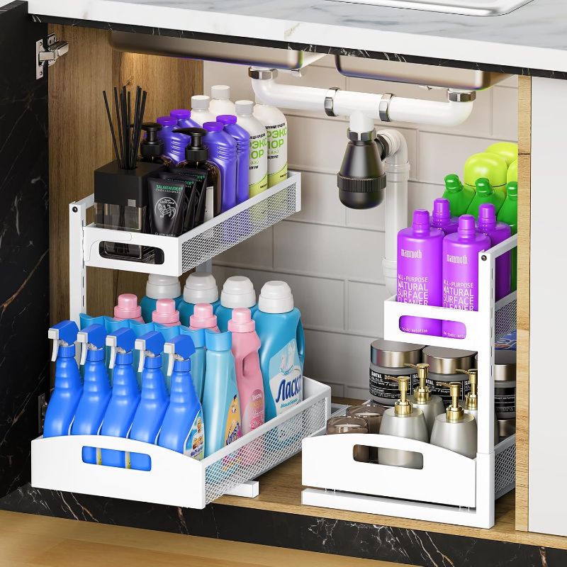 Photo 1 of Metal Under Sink Organizer, Pull Out Cabinet Organizer Rack with Silk-Smooth Bottom Drawer, 5-Level Adjustable, Multi-Purpose Storage Shelf for Bathroom, Kitchen, Vanity, Pantry (2-Pack)
