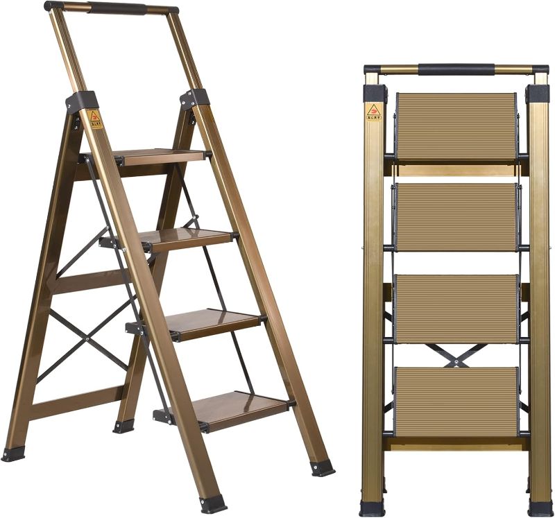 Photo 1 of XinSunho 4 Step Ladder, Aluminum 4 Step Stool with Retractable Handrail and Anti-Slip Wide Pedal, Folding Stool Ladders 4 Steps, 330lbs Safety Household Slim Ladder

