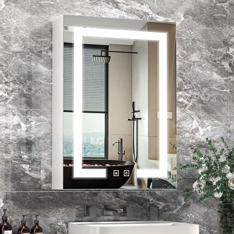 Photo 1 of Bathroom Medicine Cabinet with Mirror, Wall Mounted or Recessed Medicine Cabinets with Storage, Anti Fog Memory Function - Adjustable Shelves, 3 Colors Dimmable Touch Sensor (17.7 * 23.6 in)
