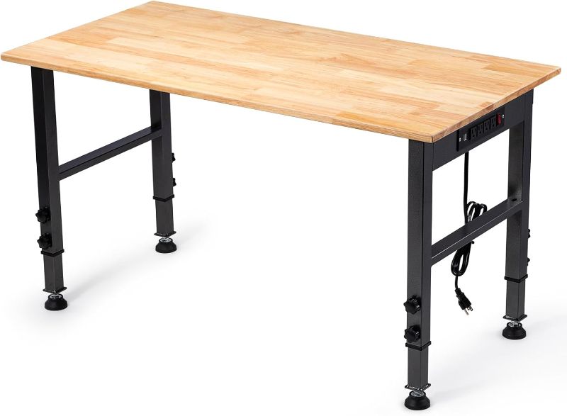 Photo 1 of 48" Height Adjustable Workbench, 2000 LBS Load Capacity Rubber Wood Top Workstation with Power Outlet and Foot Pads, Heavy-Duty Hardwood Worktable for Garage Workshop (with Foot Pads and Socket,48'')
