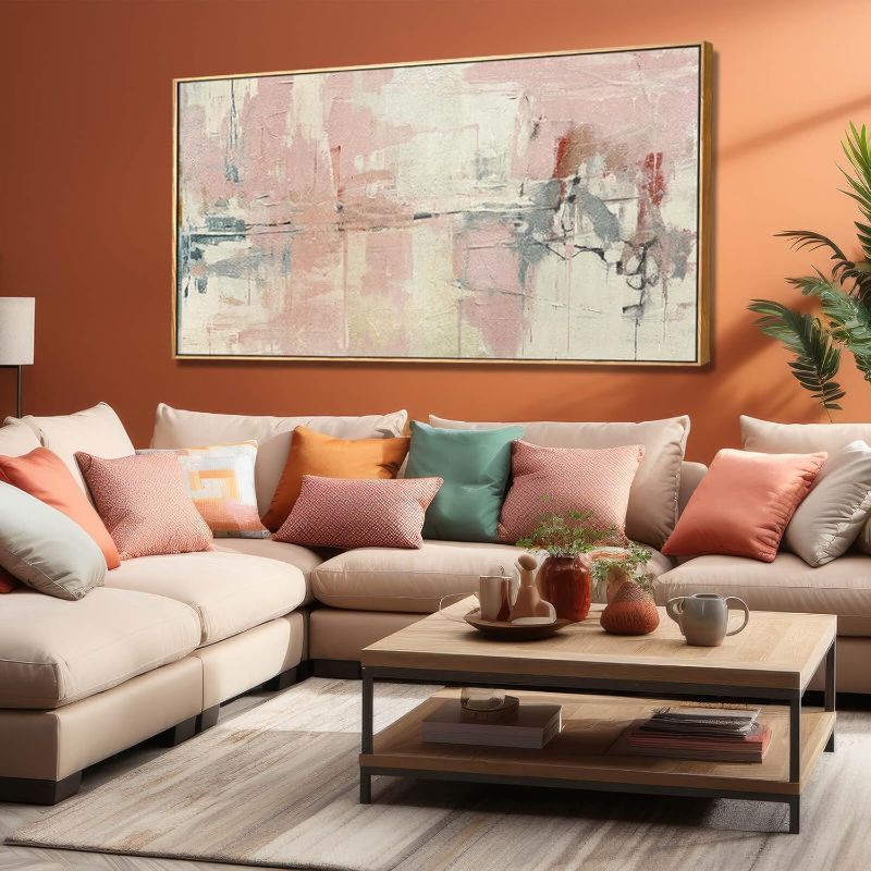 Photo 1 of Pink Bedroom Canvas Wall Art Abstract Pink Wall Decor Pictures Artwork Framed Art Beige Wall Decorations Photo Pictures for Living Room Office Dining Room 24”x 48”
