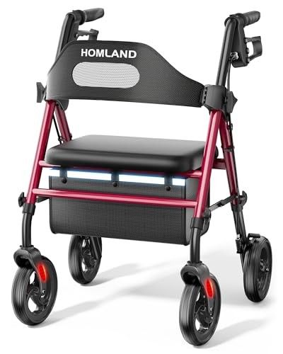Photo 1 of HOMLAND Foldable Rollator Walkers with Seat for Seniors, 8'' Big Wheels, 350 Lb. Weight Capacity, Adjustable Handles and Seat Height, Lightweight Roll
