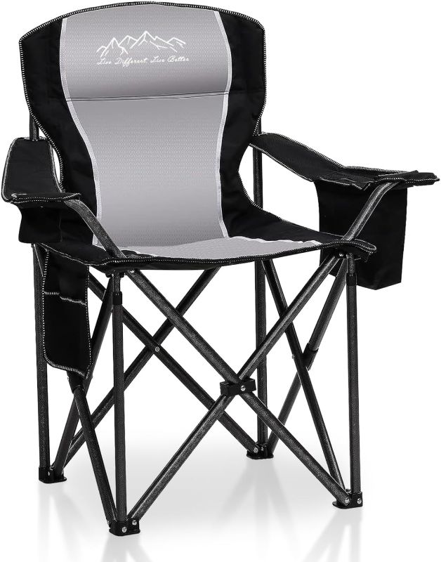Photo 1 of Folding Camping Chair Portable Outdoor Heavy Duty Padded Chairs Lawn Chair with Cup Holder, Storage Pocket and Cooler Bag, Supports 450LBS Black
