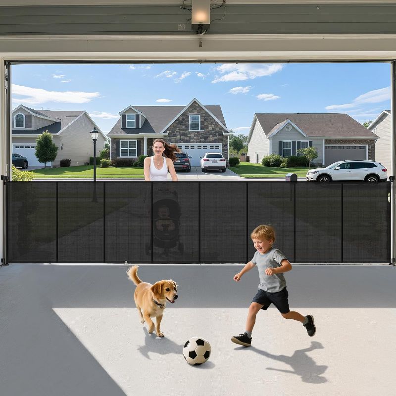 Photo 1 of 236'' Retractable Baby Gates Extra Wide, 42'' Extra Tall Retractable Dog Gate, 20 FT Black Indoor/Outdoor Retractable Gate with Reinforcement Rods for Garage, Doorways, Stairs, Decks, Driveway, Patio
