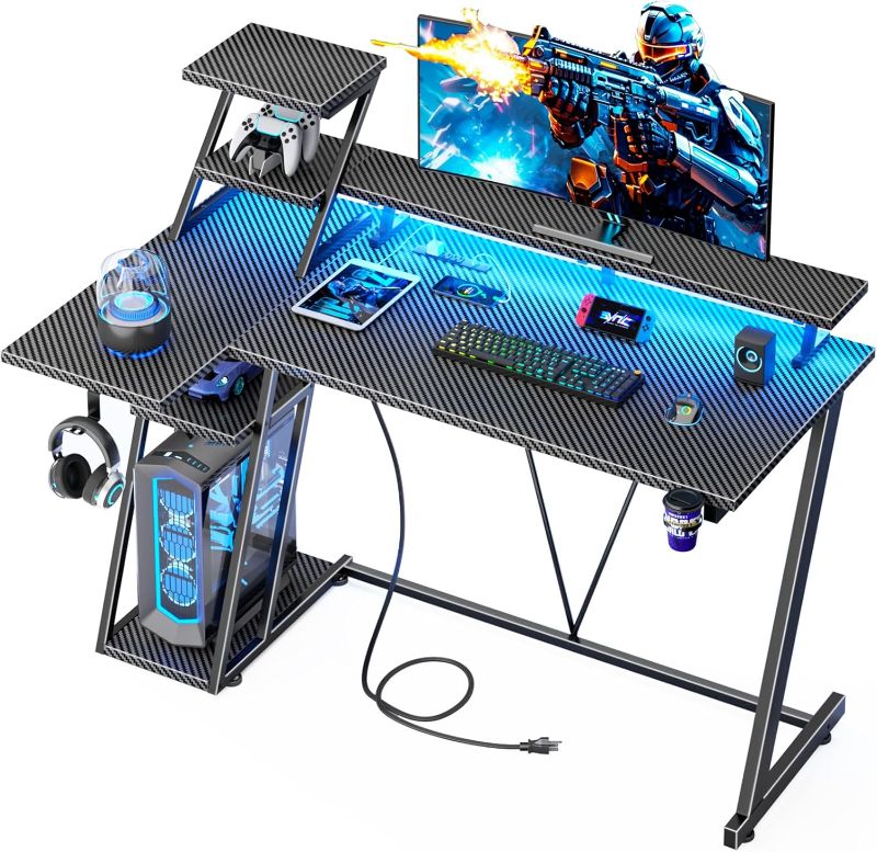 Photo 1 of 47 Inch Gaming Desk with LED Lights & Power Outlet, L Shaped Computer Desk with Storage Shelves, Gamer Workstations with Monitor Stand for Bedroom, Carbon Fiber Black
