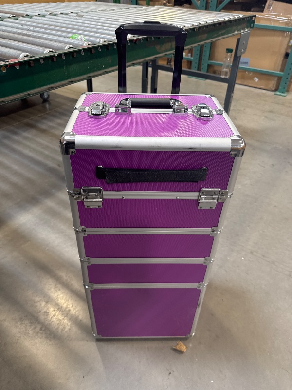Photo 1 of Makeup Case 4 in 1 Professional Cosmetics Rolling Train Organizer with Aluminum Frame and Folding Trays Purple