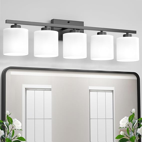 Photo 1 of Honesorn 5-Light Vanity Lights, Matte Black with Frosted Shade & Anti-Rust Nickel Finish, Modern Bathroom Over Mirror Light Fixtures
