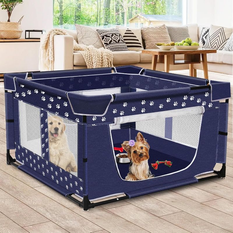 Photo 1 of Puppy Playpen, 43.3x43.3 Inch Large Dog Play Pen for Small Pets Cats with Zipper Gate Dog Fence, Thickened Oxford Fabric Dog Playpen Indoor & Outdoor
