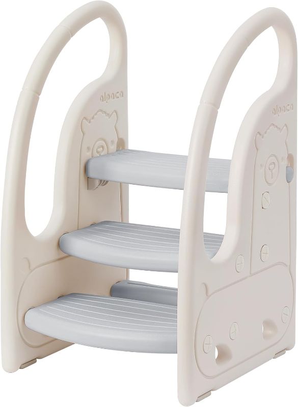 Photo 1 of Toddler 3 Step Stool Onasti Kids Standing Tower for Toddlers Plastic Learning Helper Stool for Kitchen Counter Bathroom Sink Toilet Potty Training with Handles and Non-Slip Pads-Grey White
