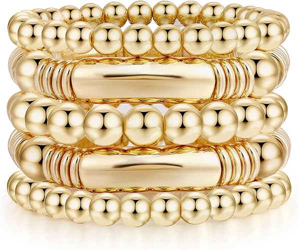 Photo 1 of 14K Gold Plated Bangles Bracelet for Women Chunky Curved Stacking Plated Bead Ball Stretchable Bracelets
