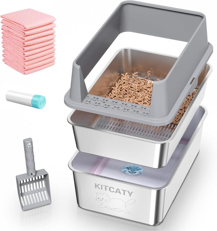 Photo 1 of Stainless Steel Sifting Litter Box, for Pine Wood Pellet Cat Litter, XXL Metal Cat Litter Boxs with Lid, 23.6''X15.7''X14'' High-Sided Litter Box,Leak-Proof,Easy to Clean, with Scoop, Urine Pad, Liner
