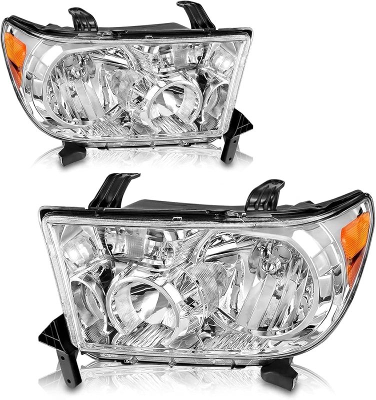 Photo 1 of For 2007 2008 2009 2010 2011 2012 2013 Toyota Tundra Headlight Assembly For 2008-2017 Toyota Sequoia Head Lights Headlamp Replacement Driver and Passenger Pair, Chrome Housing Amber
