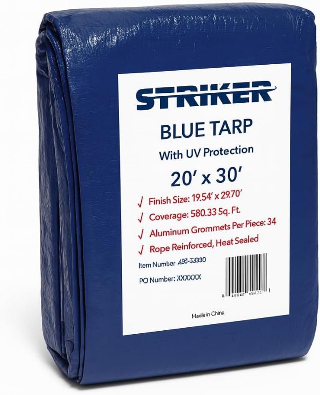 Photo 1 of Striker Blue Tarp 20' x 30' - All Purpose PE Cover with UV Protection, 34 Rust-Resistant Grommets, and Rope-Reinforced Edges
