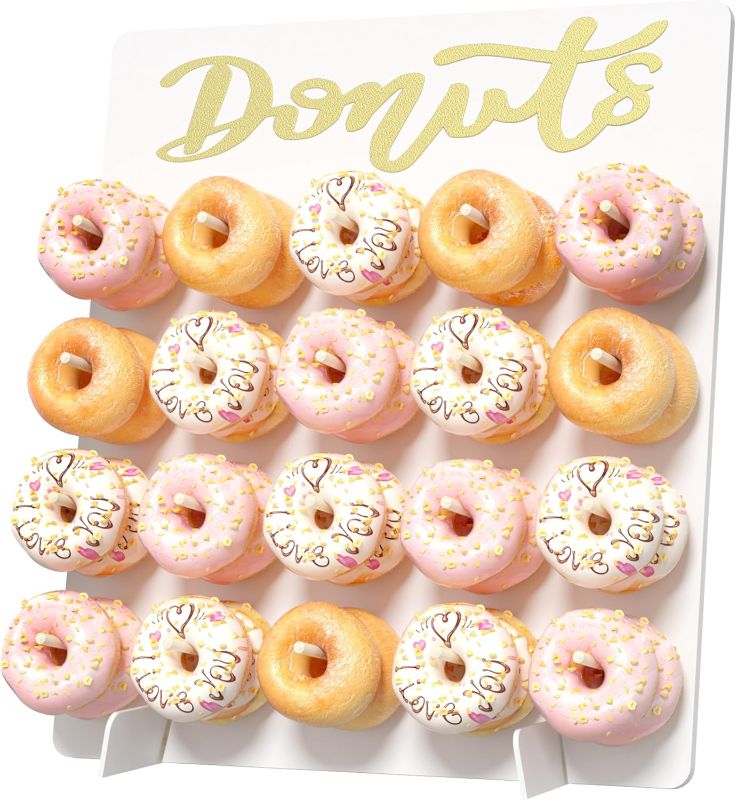 Photo 1 of Wooden Donut Wall Display Stand - Holder for 20 Doughnuts, Board for Grow Up Party, Birthday, Wedding, Baby Shower Decorations (White)
