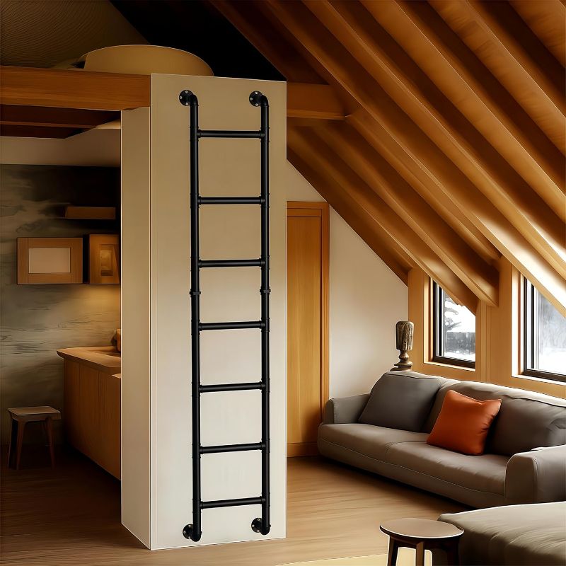 Photo 1 of Black 7-Step Wall Mounted Ladder, 7FT Steel Egress Window Well & Loft Ladder for Attic Basement Gym – Wall/Floor-Mounted Indoor Climb for Small Spaces & Storage Access
