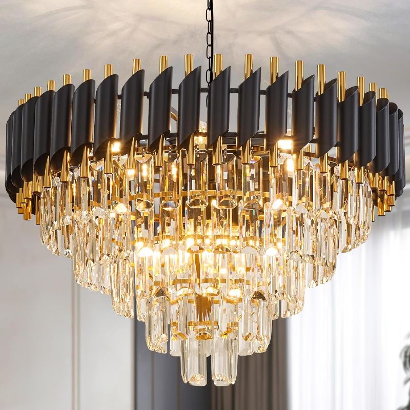 Photo 1 of 10-Light Large Crystal Chandelier 24" Dining Room Light Fixtures 5 Tiers Flush Mount Black and Gold Chandelier Round Large Chandeliers for Dining Room Living Room Kitchen Entryway Foyer
