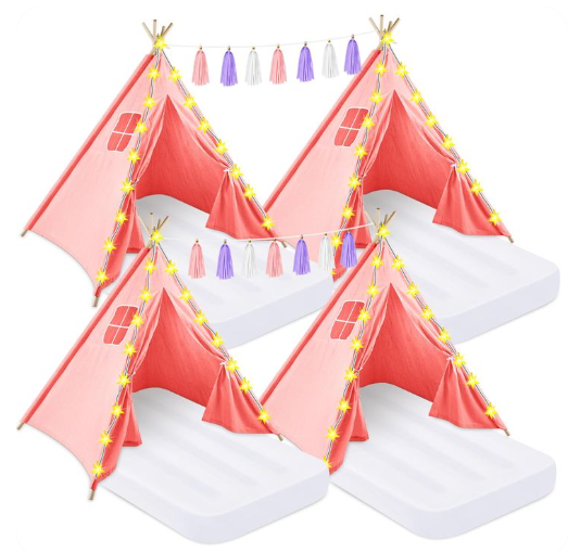 Photo 1 of 4 Pack Teepee Tent for Kids with Light String and Inflatable Airbed, Slumber Party Tents, Sleepover Tents Party for Girls Boys Indoor Outdoor (Pink)