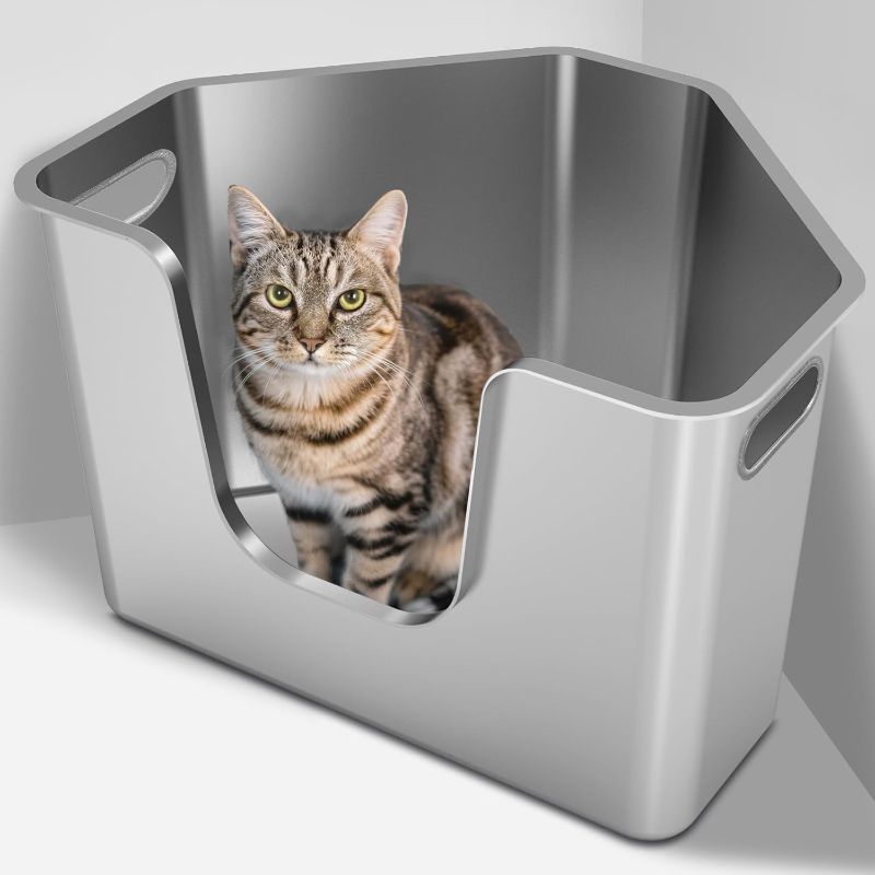 Photo 1 of Stainless Steel Corner Cat Litter Box, Metal Litter Box with High Sided, One-Piece Corner Cat Toilet, No Assembly Required, Non-Stick, No Odor Kitten Litter Pan, Easy to Clean, for Small Medium Cats
