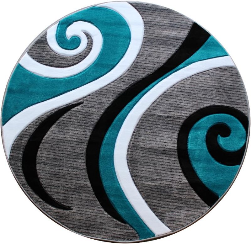 Photo 1 of Masada Rugs Sophia Collection Hand Carved Round Area Rug Modern Contemporary Turquoise Grey White Black 
