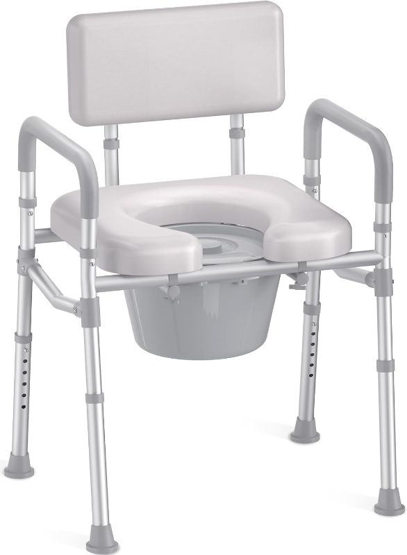 Photo 1 of HOMLAND Bedside Commode with Padded Seat and Backrest, Aluminum Commode Toilet with Bucket, Easy Cleaning Portable Toilet for Adults and Seniors, 350 lb Capacity Enhanced Crossbar
