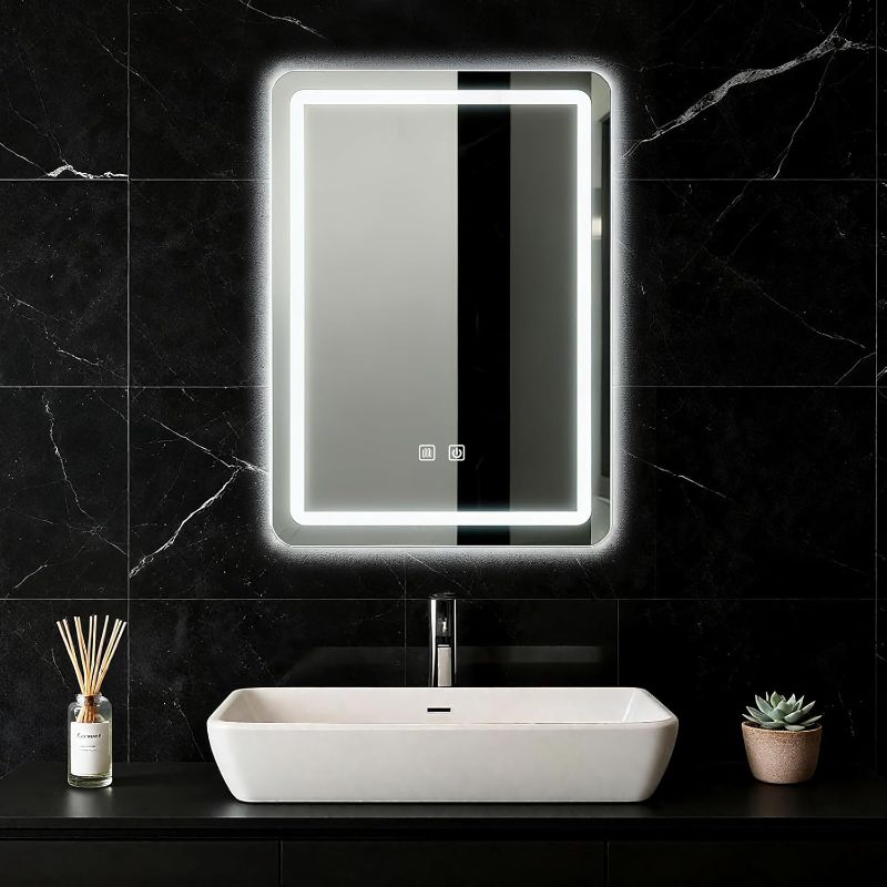 Photo 1 of LED Bathroom Mirror, 16 x 24 Inch Anti-Fog Wall Mirror with Lights Stepless Dimmable, Lighted Bathroom Mirrors for Wall, Rectangle Bathroom Vanity Mirror with Front and Backlight, Vertically Only
