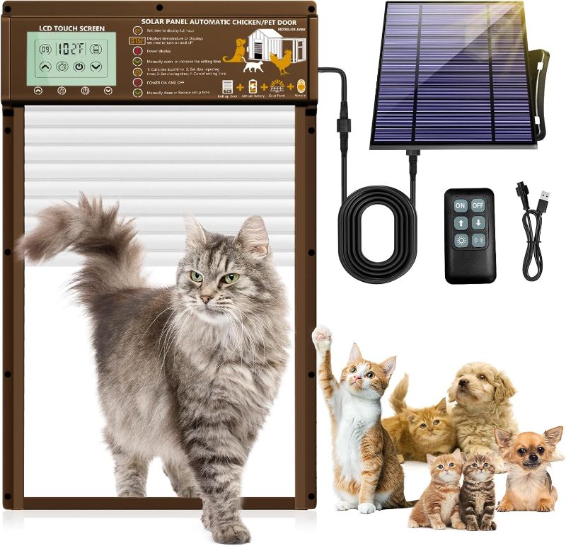 Photo 1 of Solar Automatic Cat Door, 5 Smart Modes (Radar, Timer, Light Sensor, Remote, Manual), Aluminum Pet Door for Interior Exterior Doors, Solar Powered or USB Plug-in, Cats (Brown)
